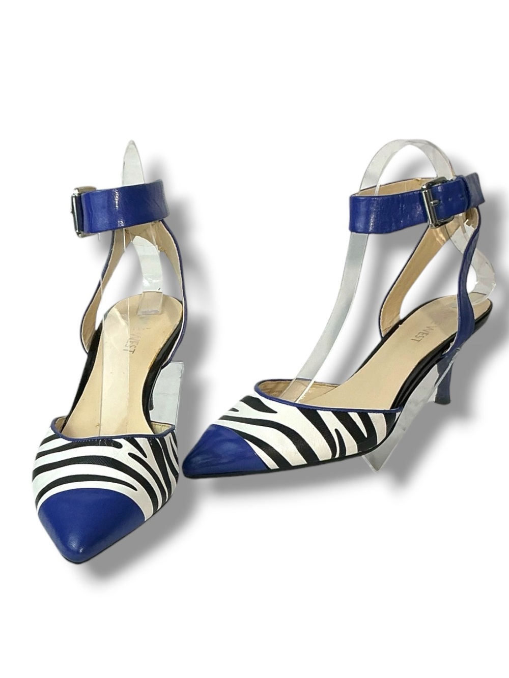 Nine West Zebra Print Pointed Toe Ankle Strap Pump 2” Kitten Heel Blue Black 6 - Picture 2 of 16